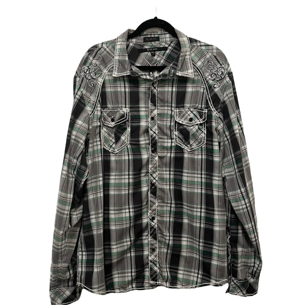 CJ Black Slim Fit Western Plaid Embroidered Button Down Long Sleeve Shirt XXL